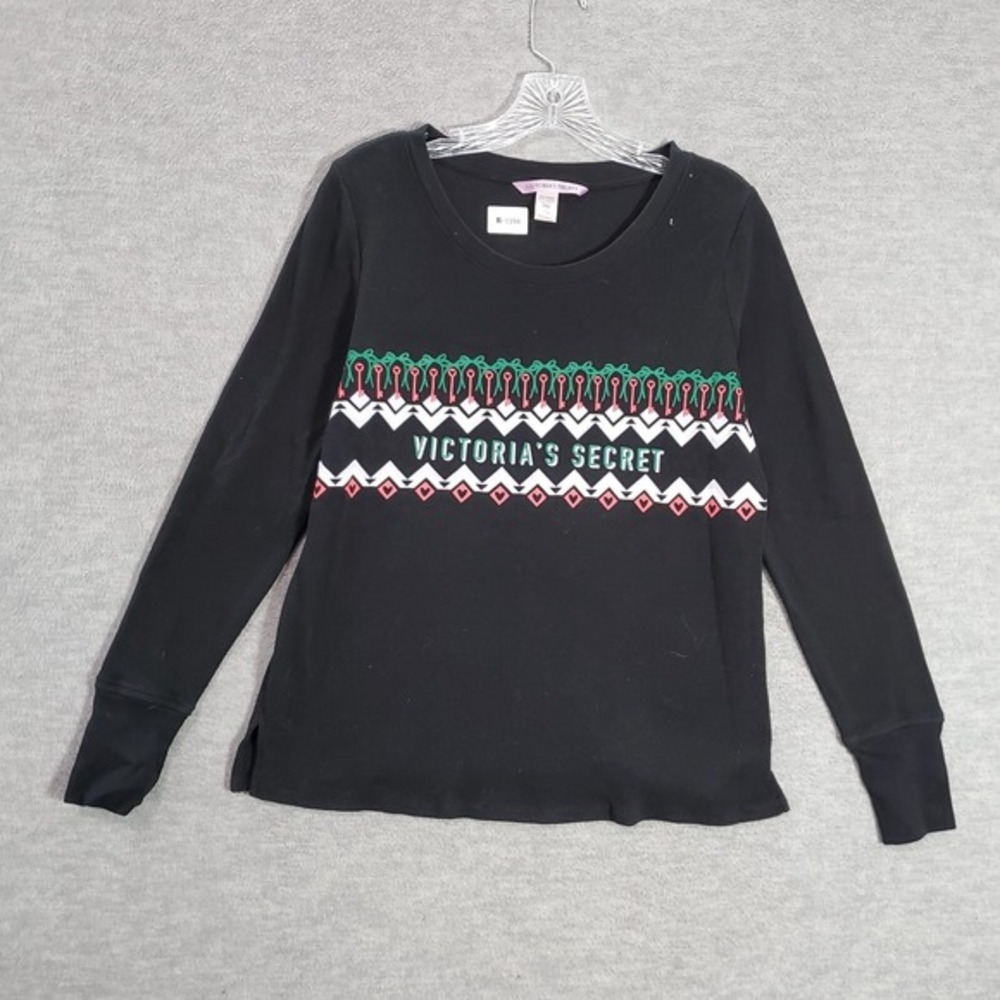 Victoria Secret Women Sleepwear Medium Black PJ Top Christmas Key Mistletoe